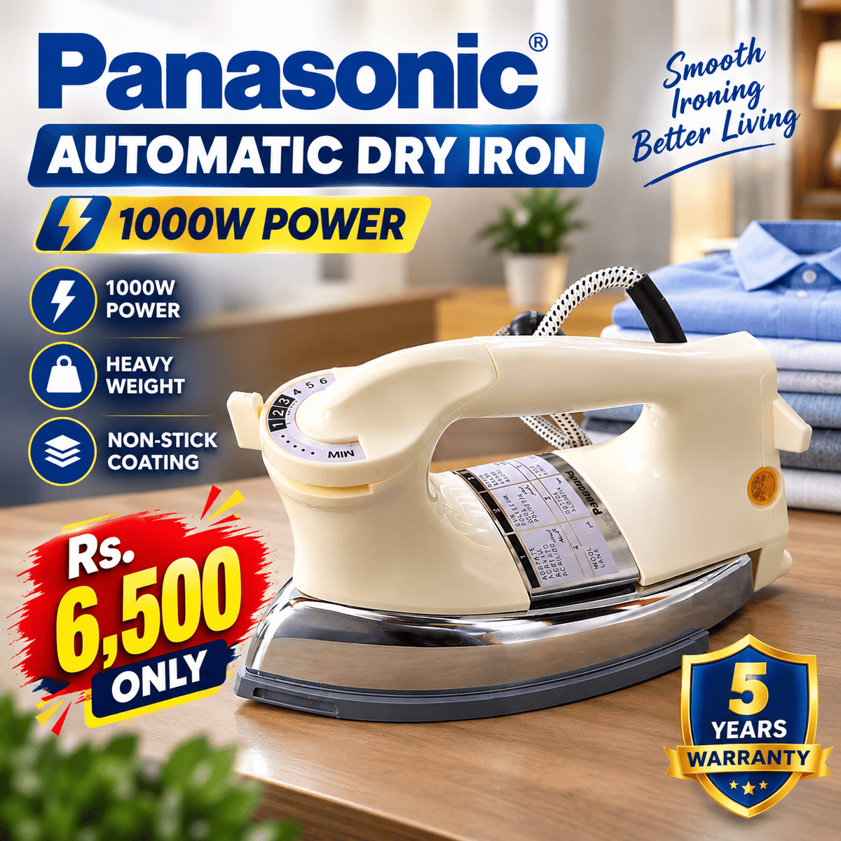 Panasonic Automatic Dry Iron – 1000W Heavy Weight Non-Stick Iron