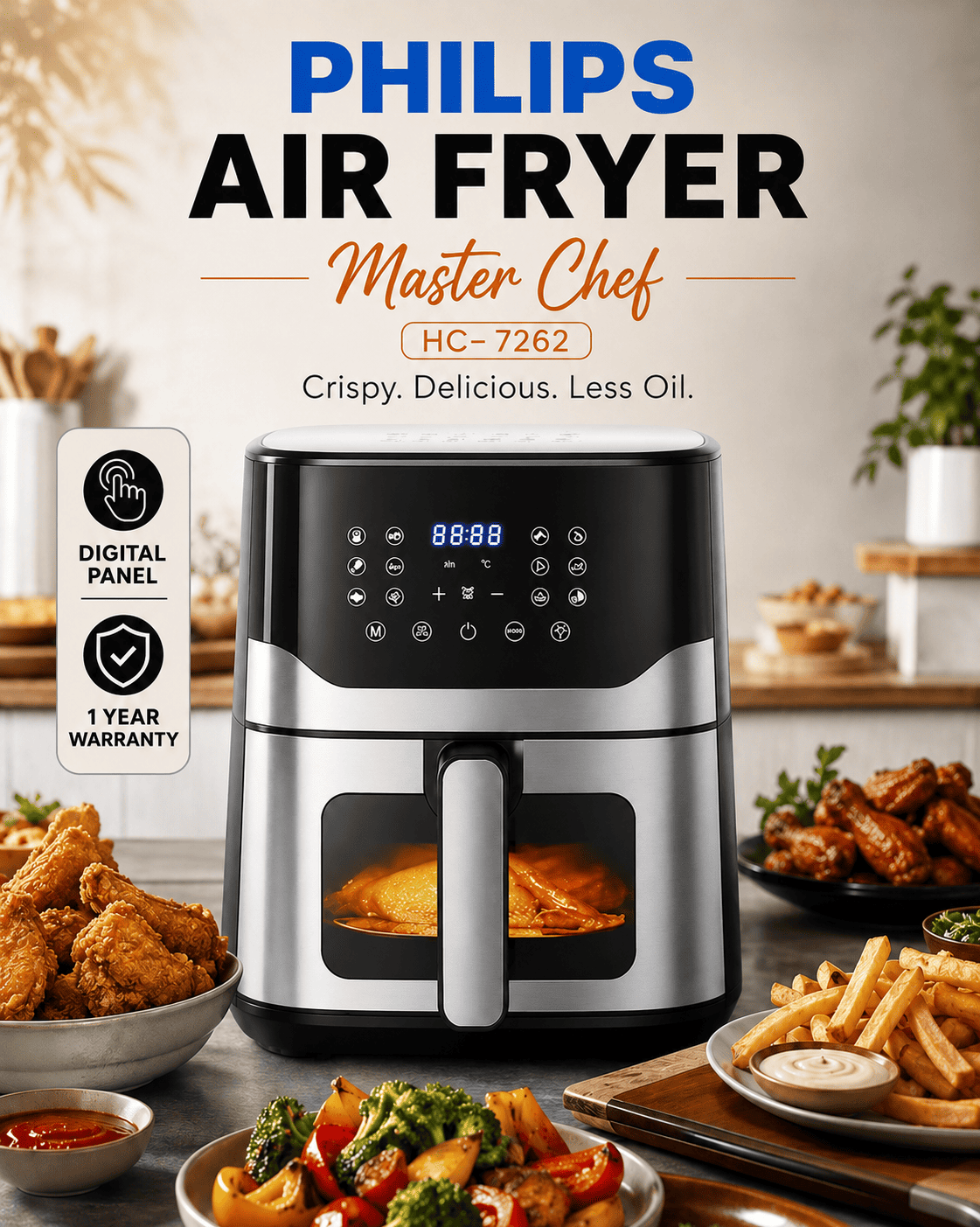 Philips Air Fryer - Master Chef HC-7262, Full Digital Panel, 1 year Warranty, Capacity 7 Liter